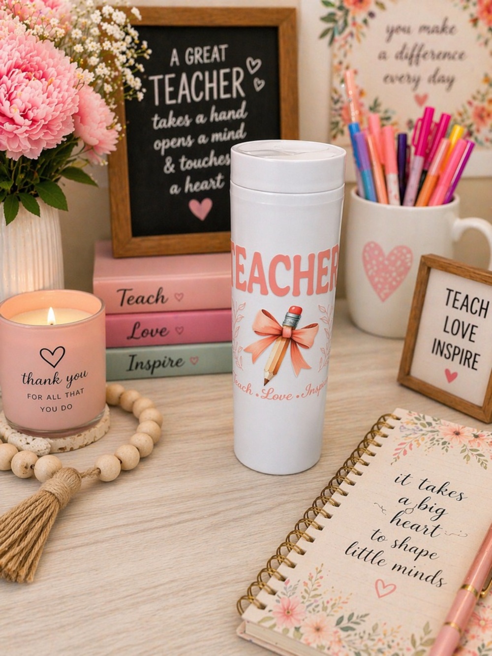 Teacher Love Inspirational Travel Tumbler - Pink